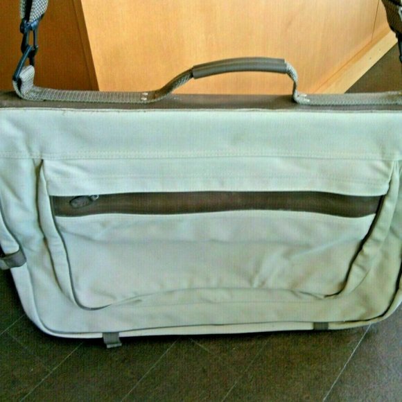 Eddie Bauer Ford Edition Khaki Canvas Leather Garment Bag Luggage Travel Carry - Picture 2 of 16